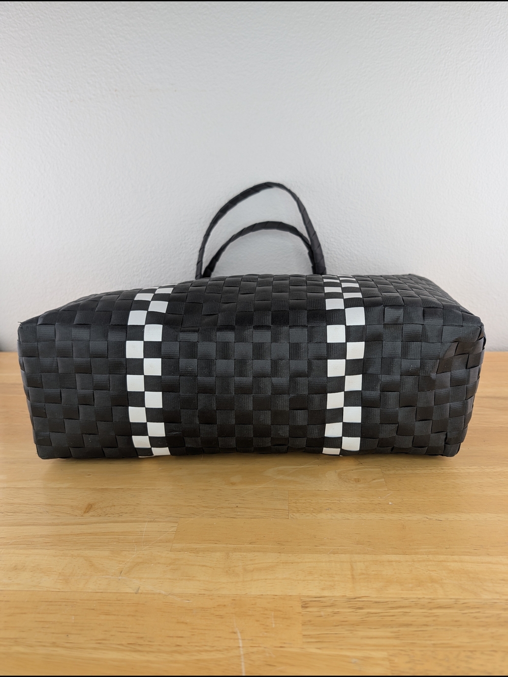 Kate Spade Black White Checker Stripe Basket Weave Woven Tote Bag Beach Shopping - Picture 8 of 16